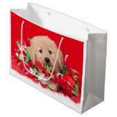 Golden Retriever Puppy Play in Holiday Garland Groot Cadeauzakje (Voorkant Gekanteld)