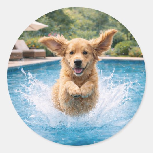 Golden Retriever Puppy Pool Plunge Ronde Sticker (Voorkant)