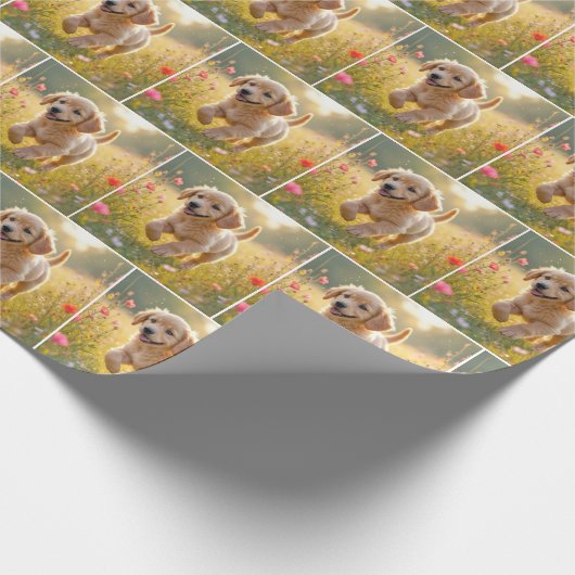 Golden Retriever Puppy Running In a Meadow Cadeaupapier (Hoek)