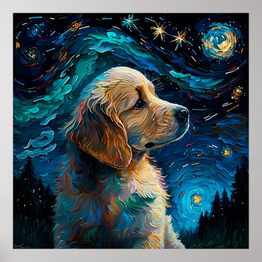 Golden Retriever Puppy Sterrennacht Van Gogh Style Poster (Voorkant)