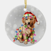 Golden Retriever Puppy Verpakt in Kerstverlichting Keramisch Ornament (Voorkant)