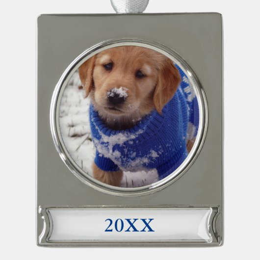 Golden Retriever Puppy Verzilverd Banner Ornament (Voorkant)