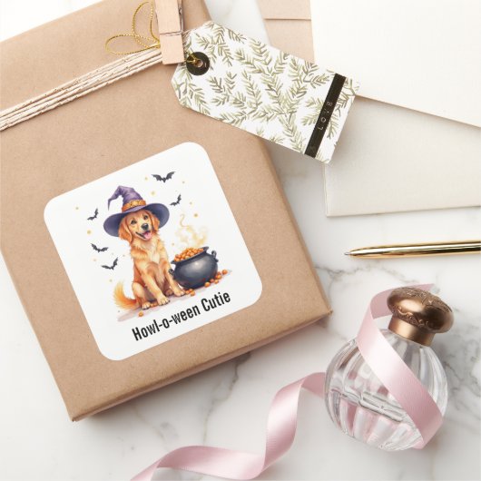 Golden Retriever Puppy Witch Halloween Waterverf Vierkante Sticker (Geschenken)