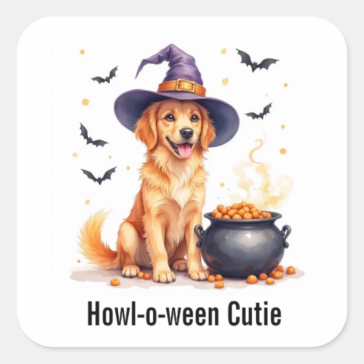 Golden Retriever Puppy Witch Halloween Waterverf Vierkante Sticker (Voorkant)