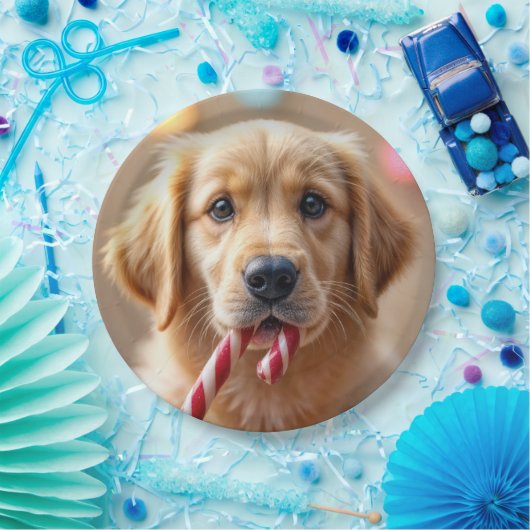 Golden Retriever Puppy With a Candy Cane Papieren Bordje (Feest)