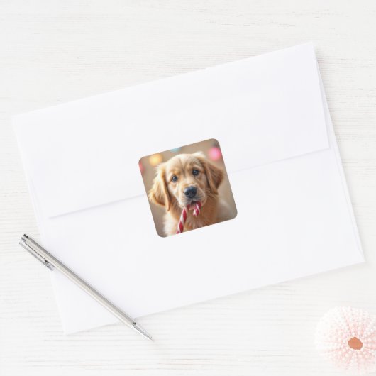 Golden Retriever Puppy With a Candy Cane Vierkante Sticker (Envelop)