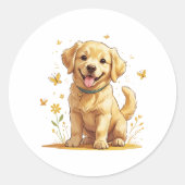 Golden Retriever Puppy with Yellow Flowers Ronde Sticker (Voorkant)