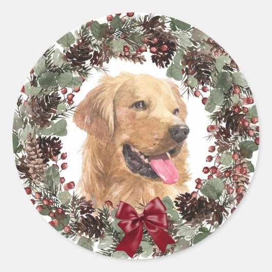 Golden Retriever Red Bow Pinecone Wreatkerst Ronde Sticker (Voorkant)