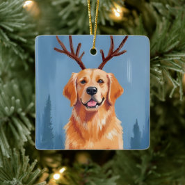 Golden Retriever Rendier Geweien | Kerstmis Keramisch Ornament