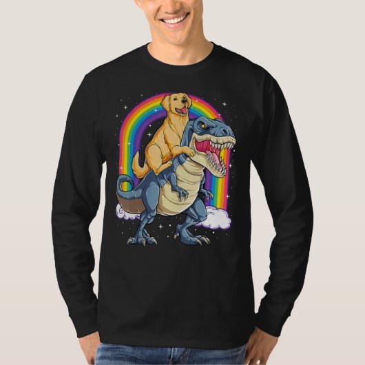 Golden Retriever Riding Dinosaur Rex Boys Rainbow T-shirt (Voorkant)