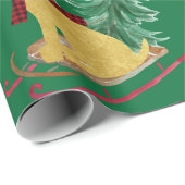 Golden Retriever Riding Xmas Tree Sled Green Cadeaupapier (Rol Hoek)