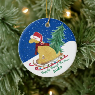 Golden Retriever Riding Xmas Tree Sled Keramisch Ornament