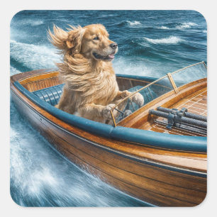Golden Retriever Rijden met een houten boot Vierkante Sticker