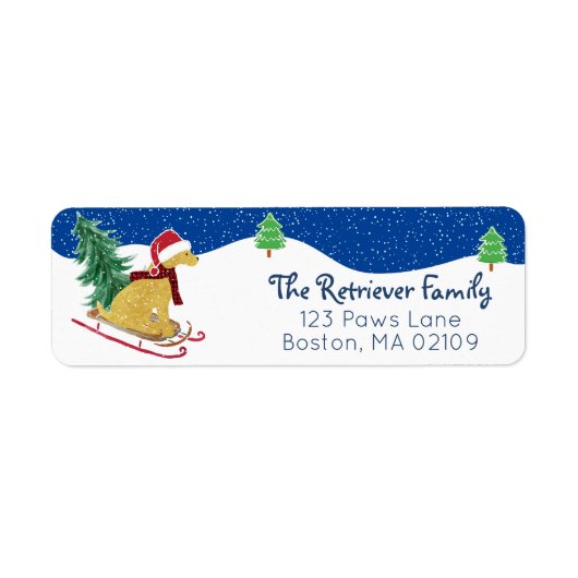 Golden Retriever Rijden Xmas Tree Sled Return Etiket (Voorkant)
