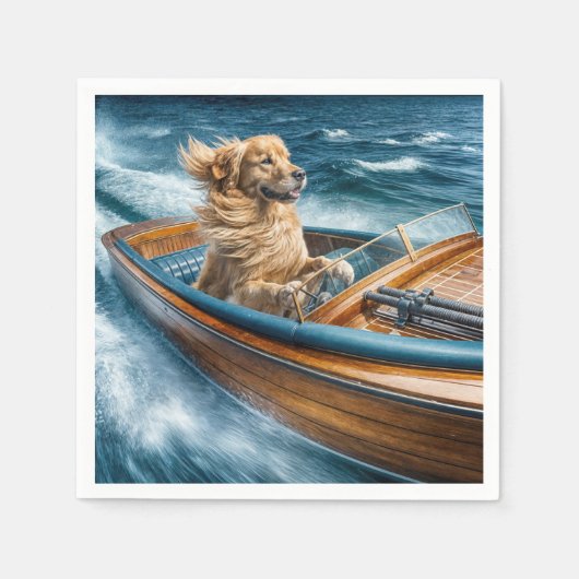 Golden Retriever rijdt op een oude motorboot Servet (Voorkant)