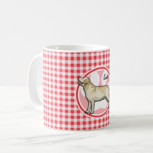 Golden Retriever; Rood en wit Gingham Koffiemok (Voorkant links)