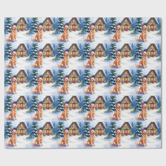 Golden Retriever Rustic Cabin Santa Hat Christmas Cadeaupapier (Vlak)