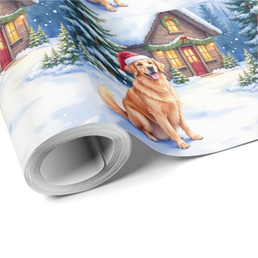 Golden Retriever Rustic Cabin Santa Hat Christmas Cadeaupapier (Rol Hoek)