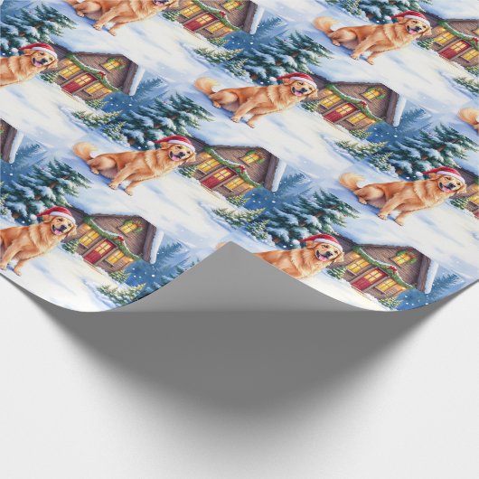 Golden Retriever Rustic Cabin Santa Hat Christmas Cadeaupapier (Hoek)