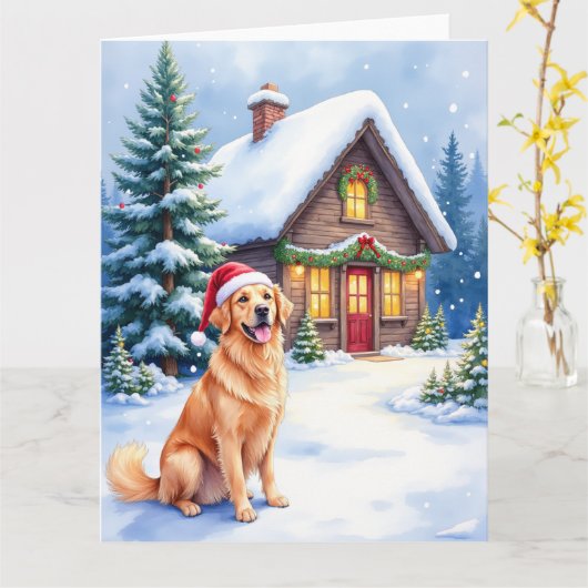 Golden Retriever Rustic Cabin Santa Hat Christmas Kaart (Gele Bloem)