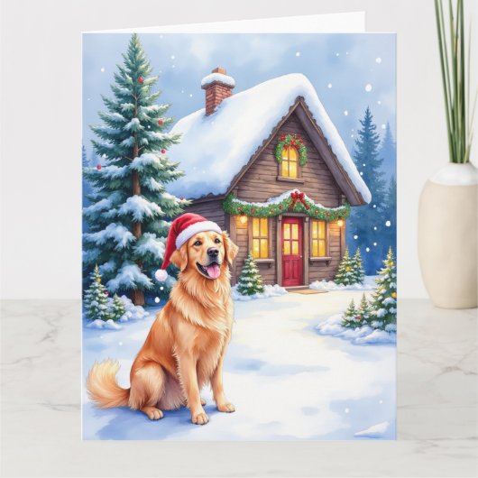 Golden Retriever Rustic Cabin Santa Hat Christmas Kaart (Voorkant)
