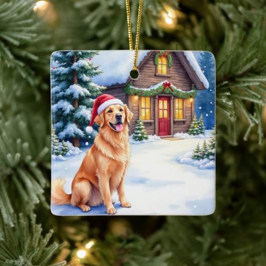 Golden Retriever Rustic Cabin Santa Hat Christmas Keramisch Ornament (Boom)