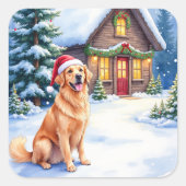 Golden Retriever Rustic Cabin Santa Hat Christmas Vierkante Sticker (Voorkant)