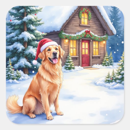 Golden Retriever Rustic Cabin Santa Hat Christmas Vierkante Sticker (Voorkant)