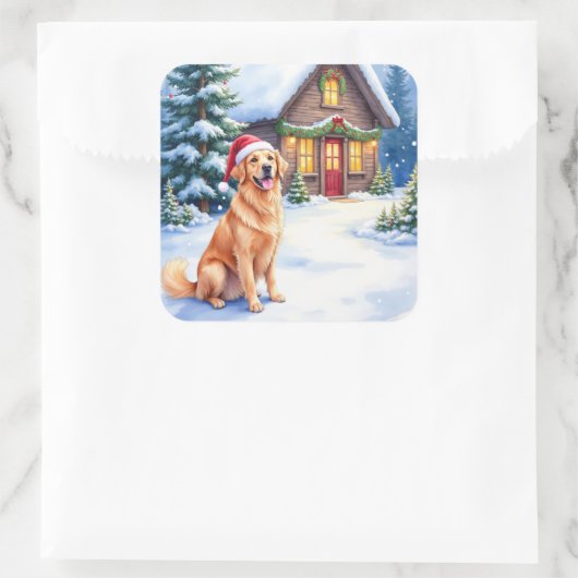 Golden Retriever Rustic Cabin Santa Hat Christmas Vierkante Sticker (Tas)