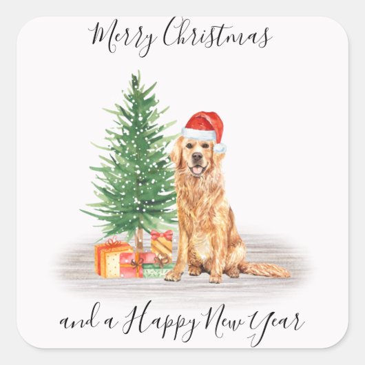 Golden Retriever Santa Dog Merry Kerstmis Vierkante Sticker (Voorkant)