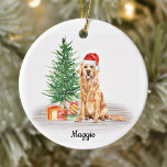 Golden Retriever Santa Dog Persoonlijke Kerstmis Keramisch Ornament<br><div class="desc">Decoreer je boom of geef dit vakantieseizoen een speciaal cadeautje met deze gouden kerstkerstsieraad voor de kerstman, en een passend decor. Deze gouden kerst-kerstversiering heeft een waterverf hond in een kersthoed en boom. Personaliseer met naam voor, jaar terug. Deze gouden kerst met een gouden reclametekst zal een favoriet zijn onder...</div>