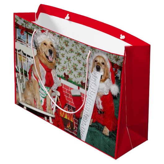 Golden Retriever Santa en Mrs Claus Large Cadeautasje (Achterkant Gekanteld)