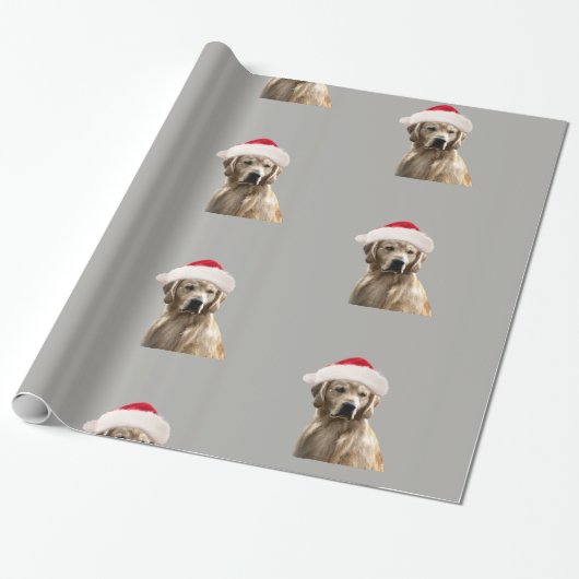 Golden Retriever Santa Hat Gift Wrap Paper Grey Cadeaupapier (Uitgerold)