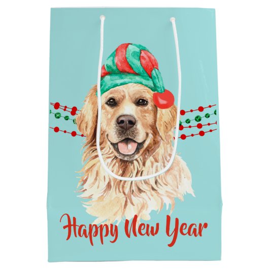 Golden Retriever Santa Hat Holiday String Beads Medium Cadeauzakje (Achterkant)