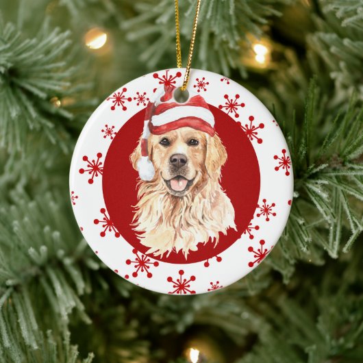Golden Retriever Santa Hat Red Snowflake Keramisch Ornament (Boom)