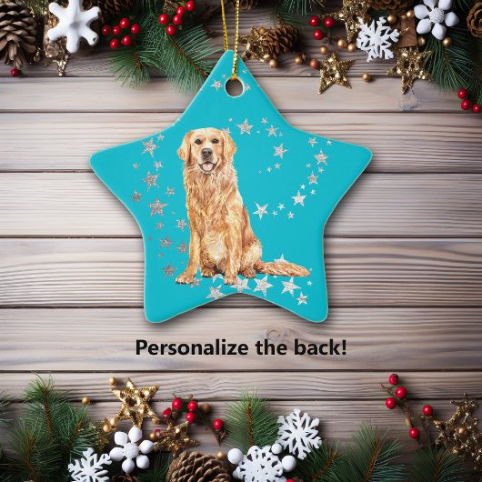 Golden Retriever Silver Stars Blauwgroen kerst Keramisch Ornament