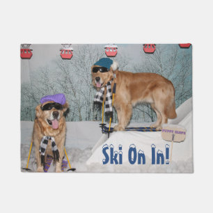 Golden Retriever Skiers Ski On in Welcome Deurmat