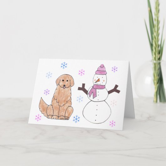 Golden Retriever & Sneeuwman Feestdagen Kaart (Voorkant)