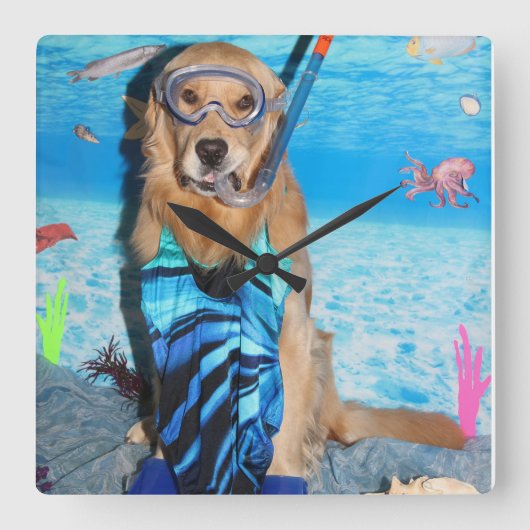 Golden Retriever Snorkeler Vierkante Klok (Voorkant)