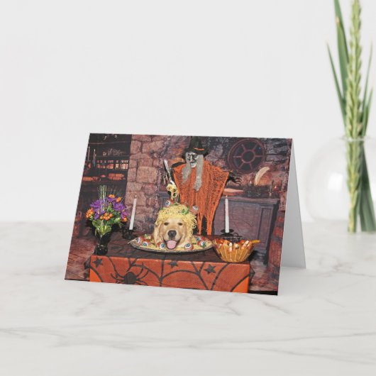 Golden Retriever Spaghetti en Eyeballen Halloween Kaart (Voorkant)