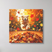 Golden Retriever springen in bladstapel Canvas Afdruk (Voorkant)