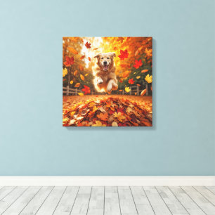 Golden Retriever springen in bladstapel Canvas Afdruk