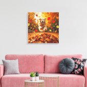 Golden Retriever springen in bladstapel Canvas Afdruk (Insitu (Woonkamer))