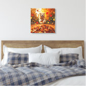 Golden Retriever springen in bladstapel Canvas Afdruk (Insitu (Slaapkamer))