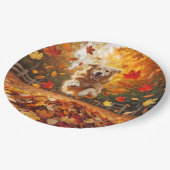 Golden Retriever springen in bladstapel Papieren Bordje (Gekanteld)