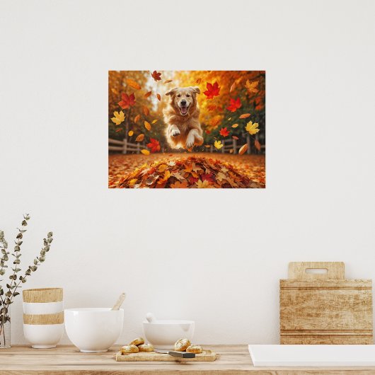 Golden Retriever springen in bladstapel Poster (Keuken)