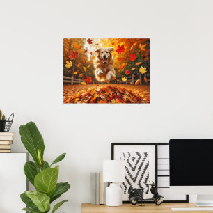 Golden Retriever springen in bladstapel Poster