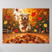 Golden Retriever springen in bladstapel Poster (Voorkant)