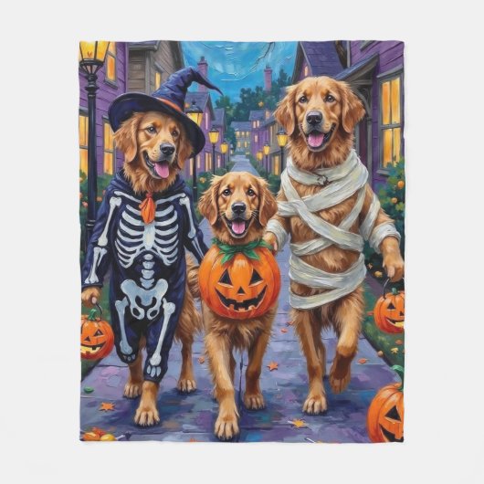 Golden Retriever Trick-or-Treating Halloween Fleece Deken (Voorkant)