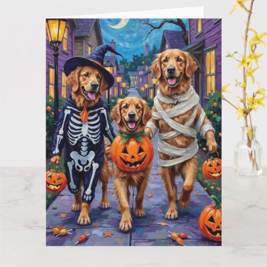 Golden Retriever Trick-or-Treating Halloween Kaart (Gele Bloem)